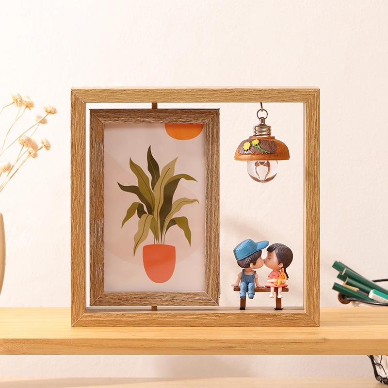 6-Inch Modern Double-Sided Rotating Wooden Photo Frame & Album with Wood Carving Ornament