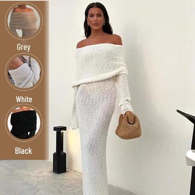 European & American Beach Cross-border One-shoulder Knitted Hollow-out Sexy Long Dress Cover-up
