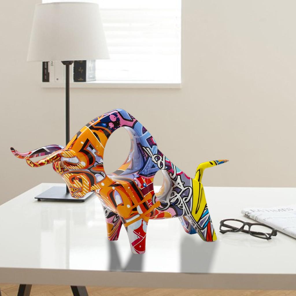 Resin Bull Sculpture Artist Graffiti Decor Modern Sculpture Present Home Office Shelf OX Figurine Bookcase Ornament Crafts