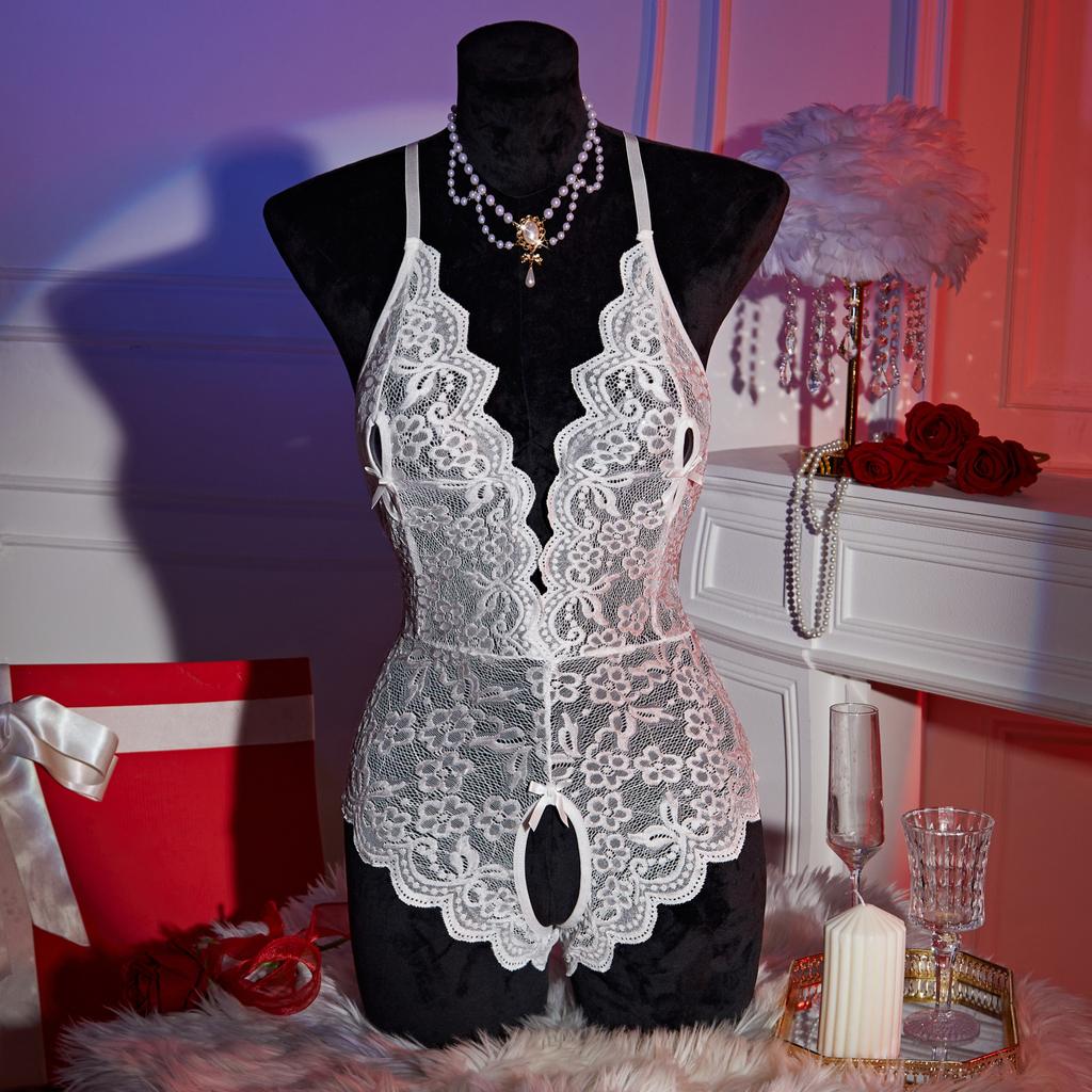 New Deep V Pink Transparent Lace One Piece Women Corset Sexy Bra Lingerie Exotic Bodysuit Pajamas Open Bow Snug Fitting Clothing