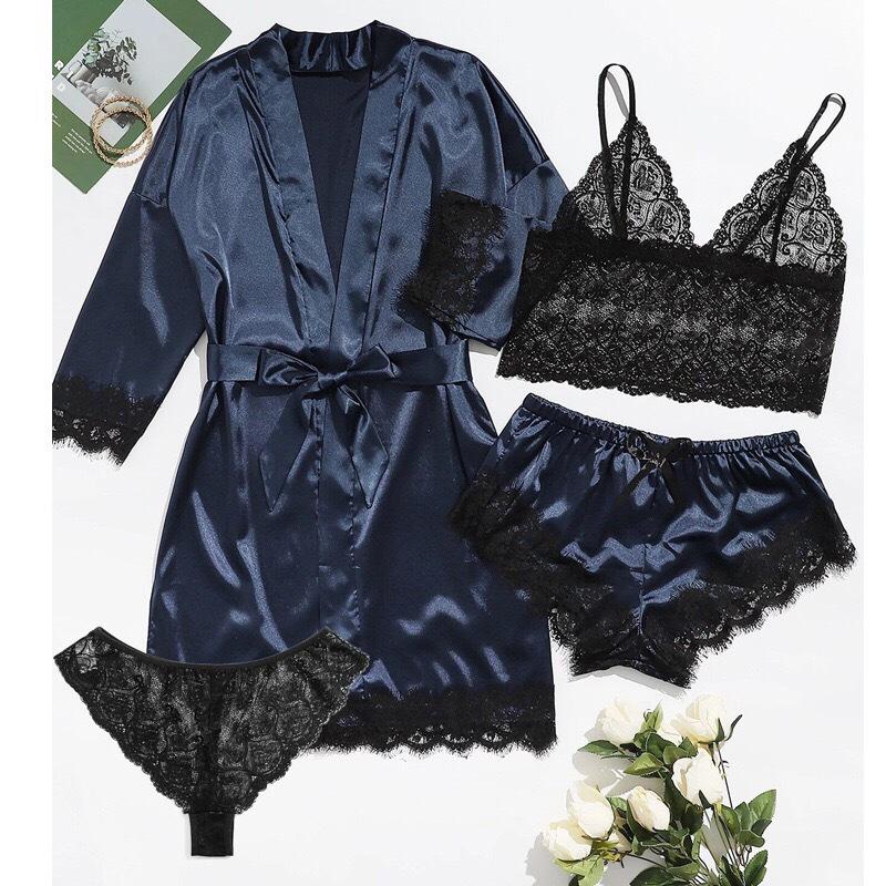 European & American Lace Satin Women's 4-Piece Pajama Set - Sexy, Seductive Nightgown & Robe