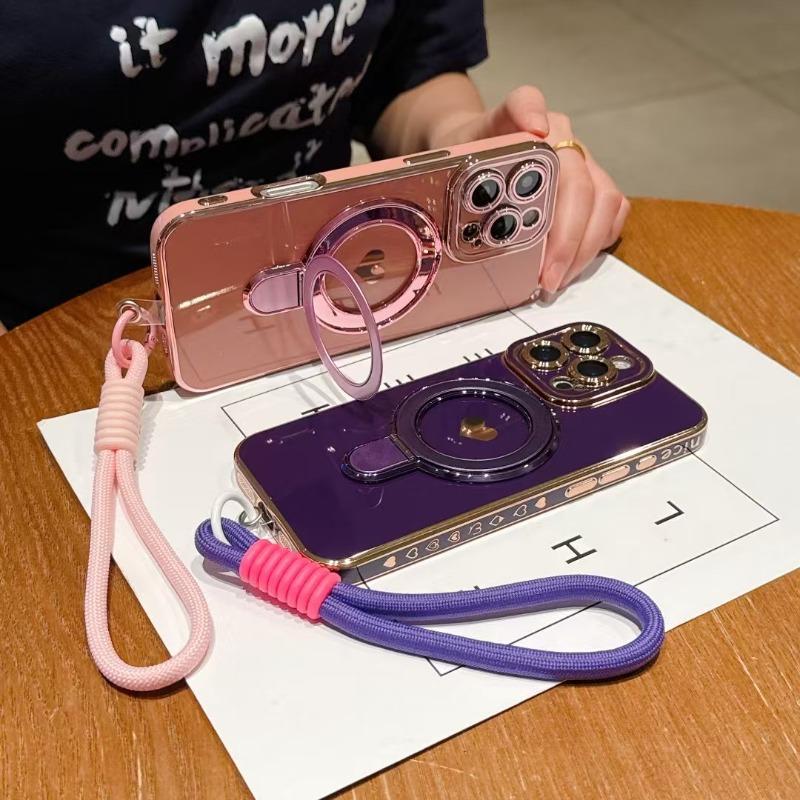 Plating TPU With a wrist strap Case For iPhone16 15 14 13 12 16 Pro Max Plus iPhone11 Covers With Stand Holder Female Girl Women