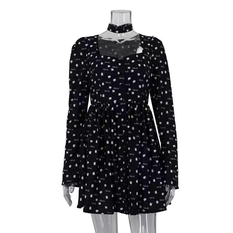 

Fashion New Arrival French Collar Square Collar Long Sleeve Print Dress Square Neck Printed Dress Black L