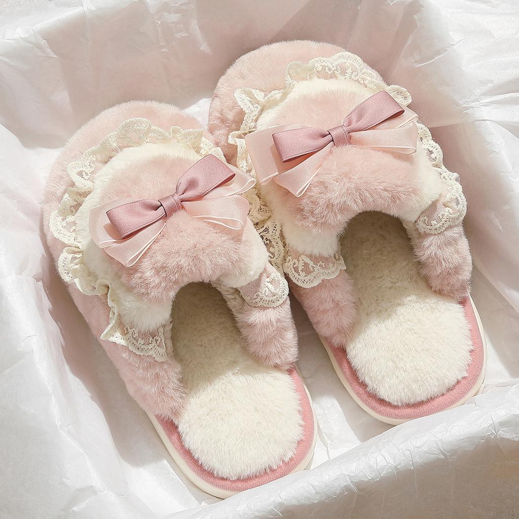 Bow cotton slippers couple indoor home winter warm thick bottom non-slip stepping on shit fluffy slippers winter