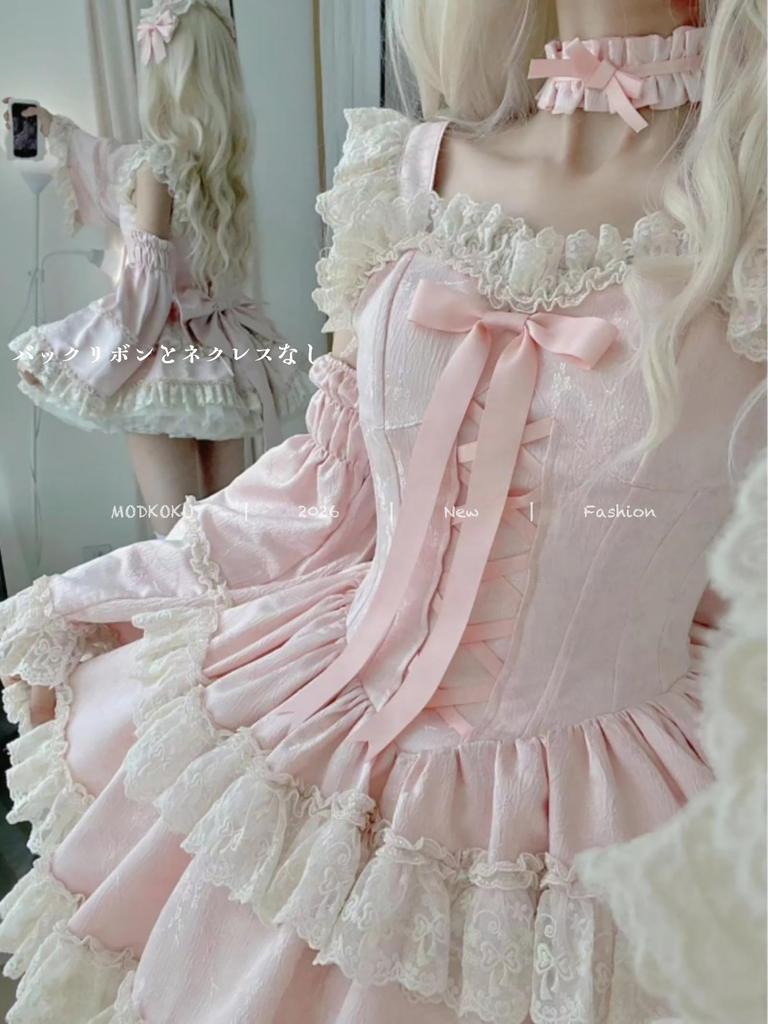 MODKOKU Lolita OP Dress with Detachable Flutter Ribbon and Lace Ruffle Mori Girl Tiered Lolita Long Size M Women's 2-Way Sleeves, Bridal-Style Lace-Up
