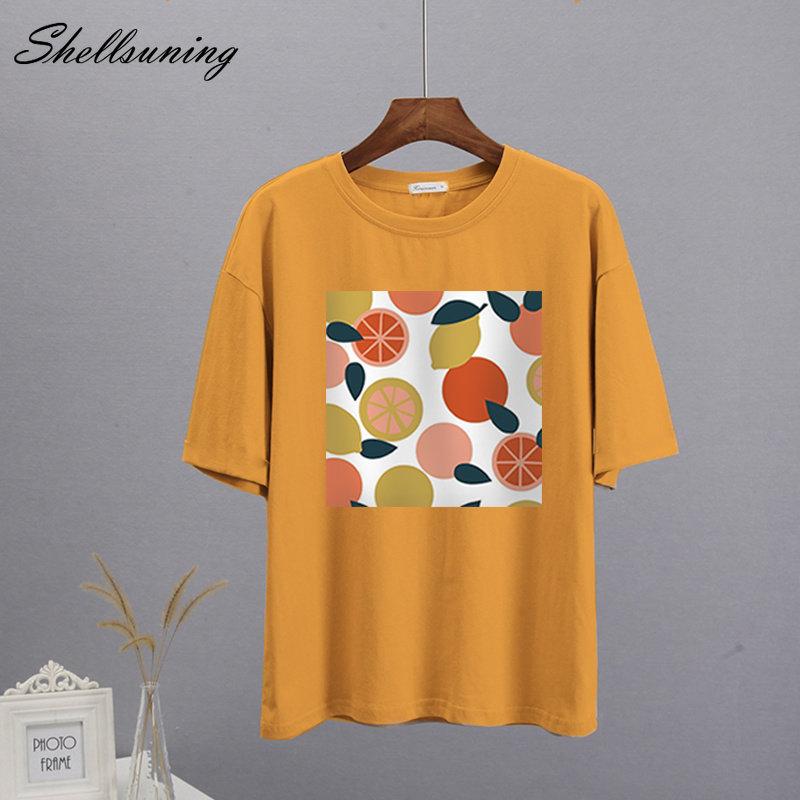 Shellsuning Casaul Kawaii Fruit Printed T Shirt Women Loose O Neck Short Sleeve Base Tees Female Simple Cotton Trendy White Tops