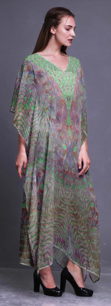 Phagun Peacock Feather Ladies Plus Size Kaftan Summer Wear Beach Coverup Kimono