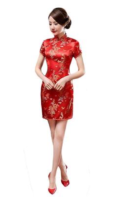 Robe Chinoise Sexy à Manches Courtes Fleur de Prunier Imprimé Dragon et Phénix Taille [CBCPOWER], Brillante, (Imprimé Rouge, M)