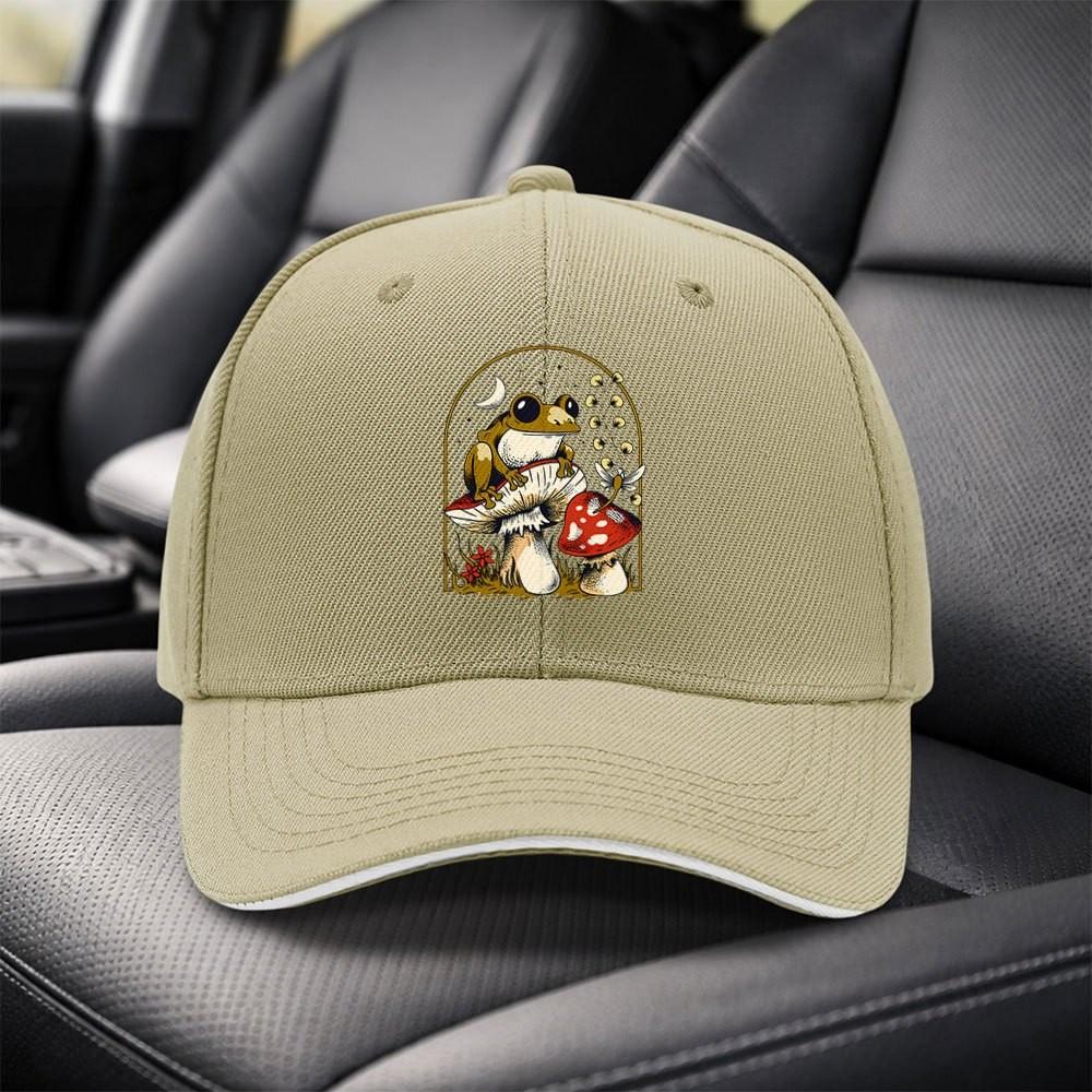 Unisex Adjustable Frog Mushroom Baseball Cap Lightweight Dad Hat Curved Brim Outdoor Casual Wear Hand Washable