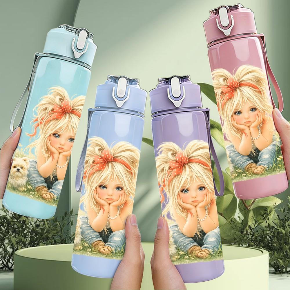 1PC Blond Girl Sitting In Grass Print 750ml Color Plastic Sports Water Bottle Leakproof Flip Straw Lid Suitable for Sports Office Home Use