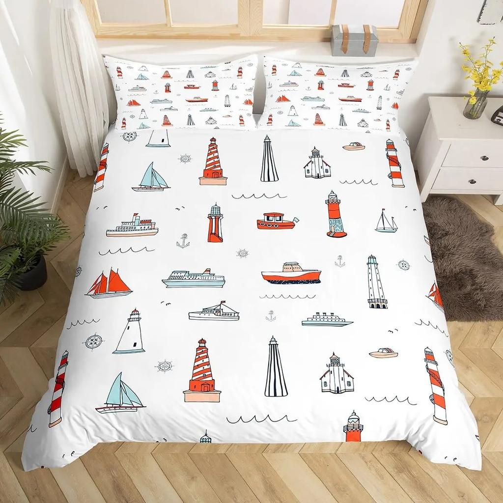 Aquarell Leuchtturm Segelboot Bettbezug Eiffelturm Bettwäscheset Nautisches Abenteuer Tagesdecke Polyester Steppdeckenbezug