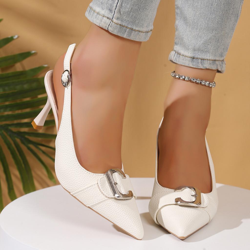Fashion 2025 Female Slingbacks New Pumps Slides Women Heels Shoes Pointed Toe Footwear Fashion Metal Buckle Ladies High Heels Shoes