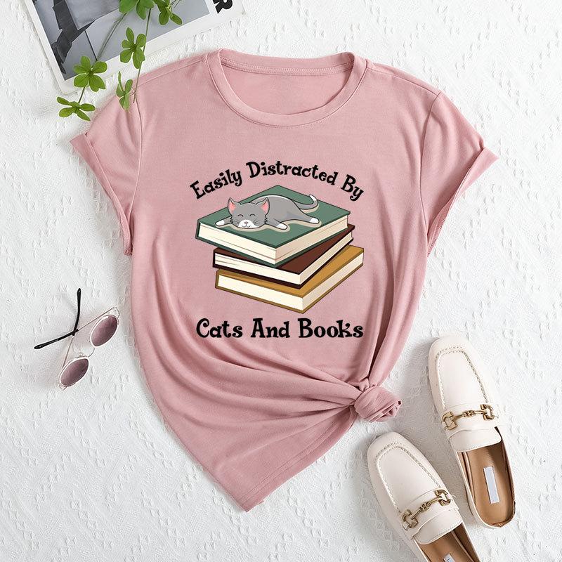 

Летний женский модный повседневный свободный топ из хлопка с короткими рукавами и круглым вырезом с буквенным принтом «кошка» L