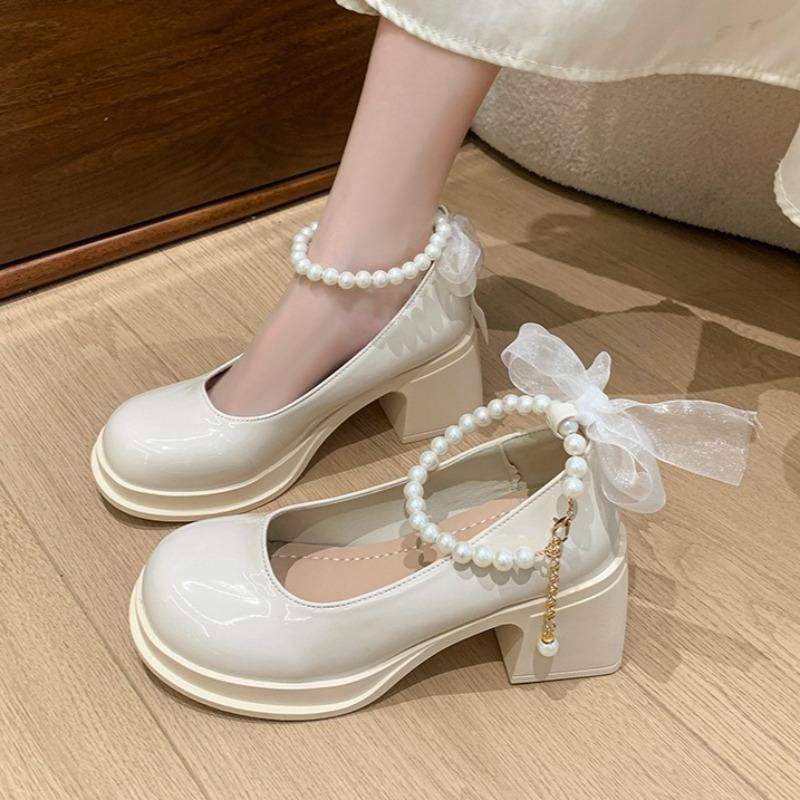 Fashion Beaded Lace Women High Heels Women Loafers Shoes 2025 Autumn New Elegant Mary Janes Shoes Fashion Chunky Pumps Dress Zapatillas