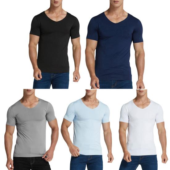 Herren Sommer T-Shirt Einfarbig Nahtlose Eis Seide V-Ausschnitt Kurze Ärmel Weich Atmungsaktiv Pullover Sport Business Casual Männer Büro Top