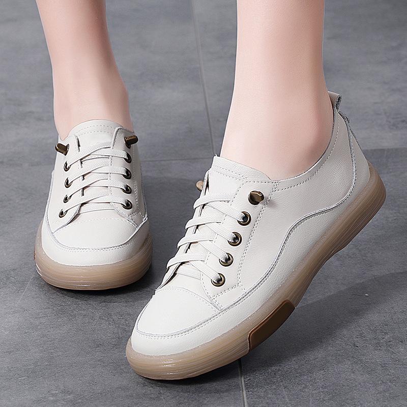 Fashion Genuine Leather Women Soft Sole Walking Shoes Girl Student Jooging Sneaker White Black Flats Female Casual Skate Trainers Summer