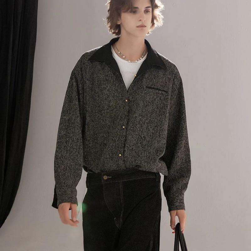Men's Reversible Long Sleeve Shirt Loose Tweed Jacket Beige Casual Button Down Top