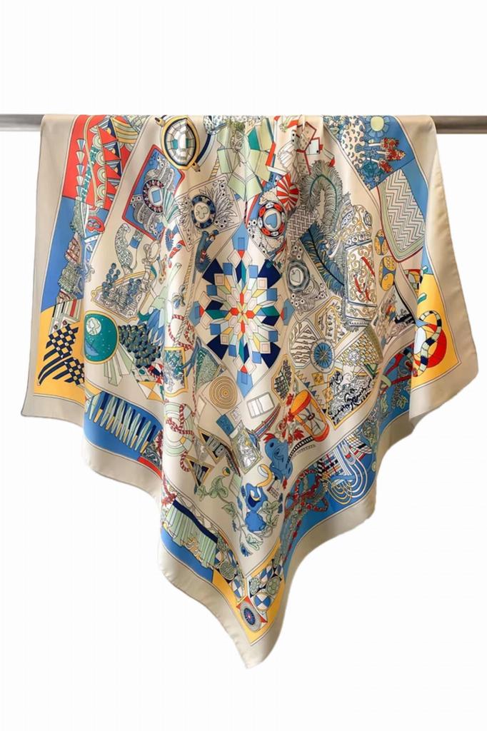90x90 Cream and Yellow Scarf with a Geometric Pattern - Artistic Classic with a Touch of Color