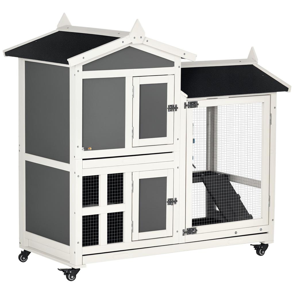 Outdoor Rabbit Hutch for 2 Rabbits in Wood with Pull-Out Tray and Run Area, 110x60x104 cm