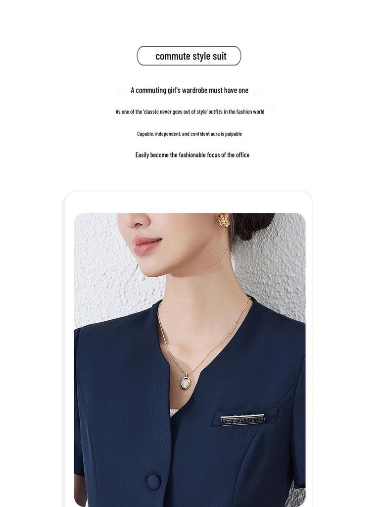 Women's Dark Blue Short-Sleeved Suit Set - Summer Professional Attire for Hotel and Jewelry Store Front Desk.
