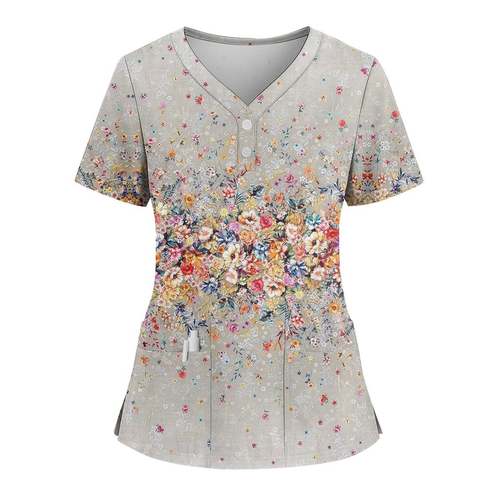 Dames Løs Kortarmet Mote Blomster- og Plante trykk V-hals Kneppbar Sideslisse Topp T-skjorte
