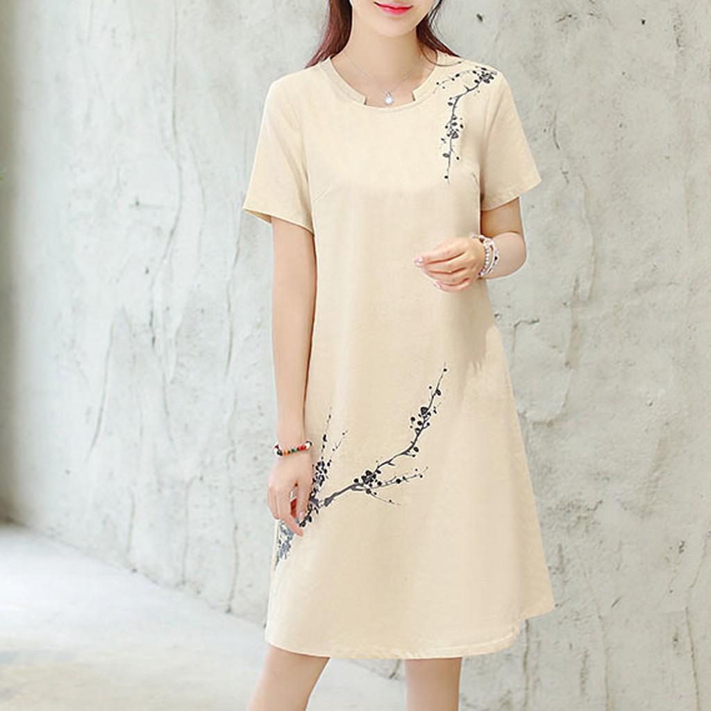 Fashion Women Summer Short Sleeve  knee length Printing Dress