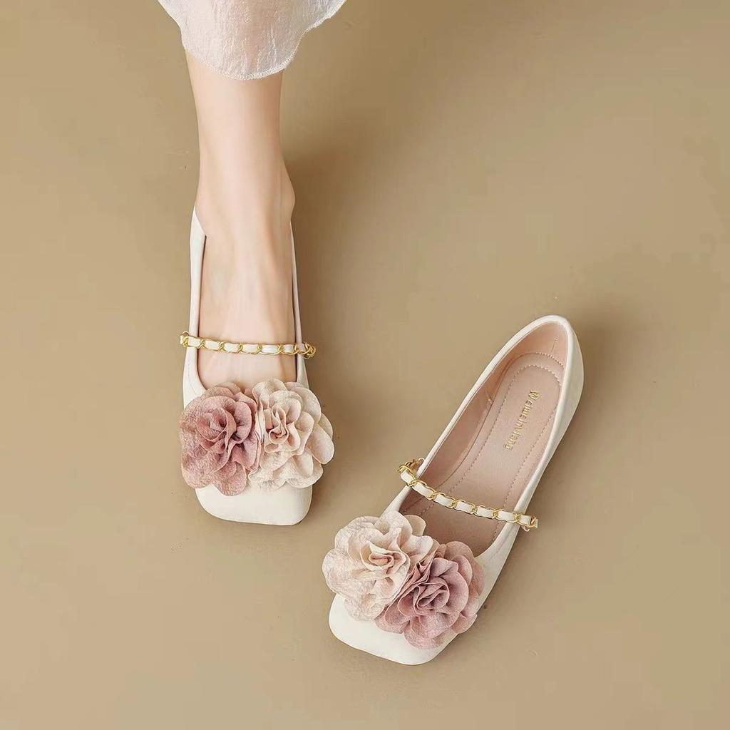 Lightweight Square Head Single Shoes Women's Flat Shoes 2025 New Shallow Mouth Word with Flowers French Fairy Style Grandma Shoes Women