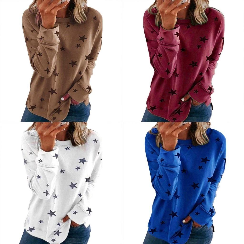 Damen Lässige Tunika Rundhalsausschnitt Langarm Sternenprint T-Shirt Top Bluse Für Täglichen Komfort Und Stil