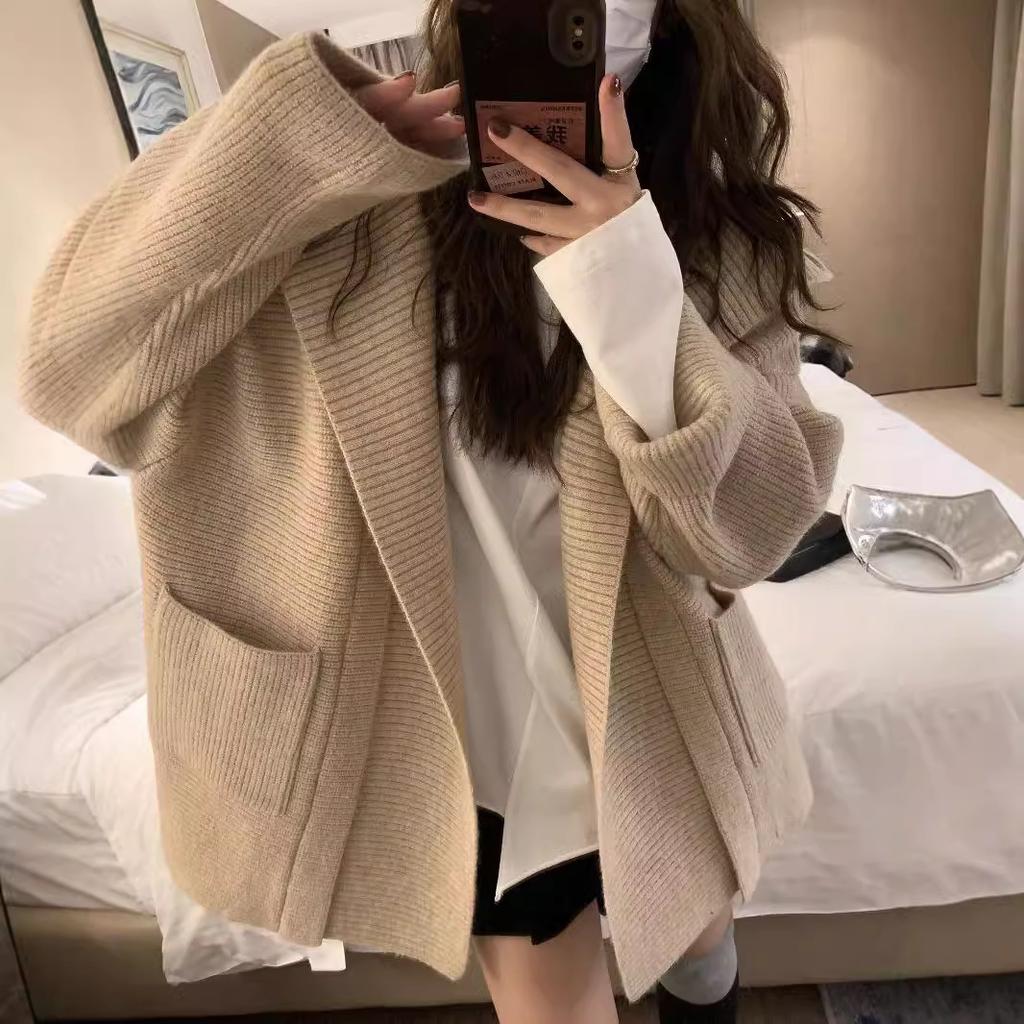 V-neck Loose Large Size Sweater Jacket Women's Retro Simple Style Pocket Silhouette Hooded Jacket Women's Autumn Versatile