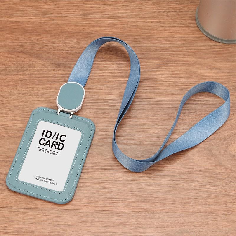 Durable Leather ID Card Holder with Retractable Lanyard, Waterproof, Dual-Orientation Use