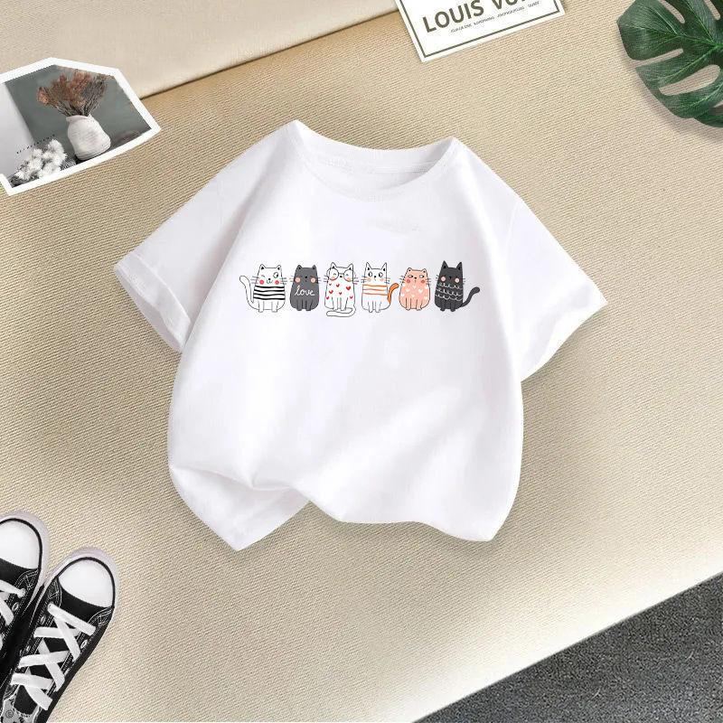 2025 Cute Cat Printed Summer New Product Children's Clothing Children's Short Sleeved T-shirt Baby Fashion T-shirt