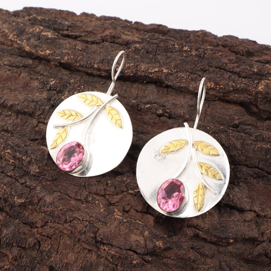 Pink Tourmaline Gemstone Earrings, Handmade 925 Solid Sterling Silver Jewelry, Meditation Earrings Jewelry For Women