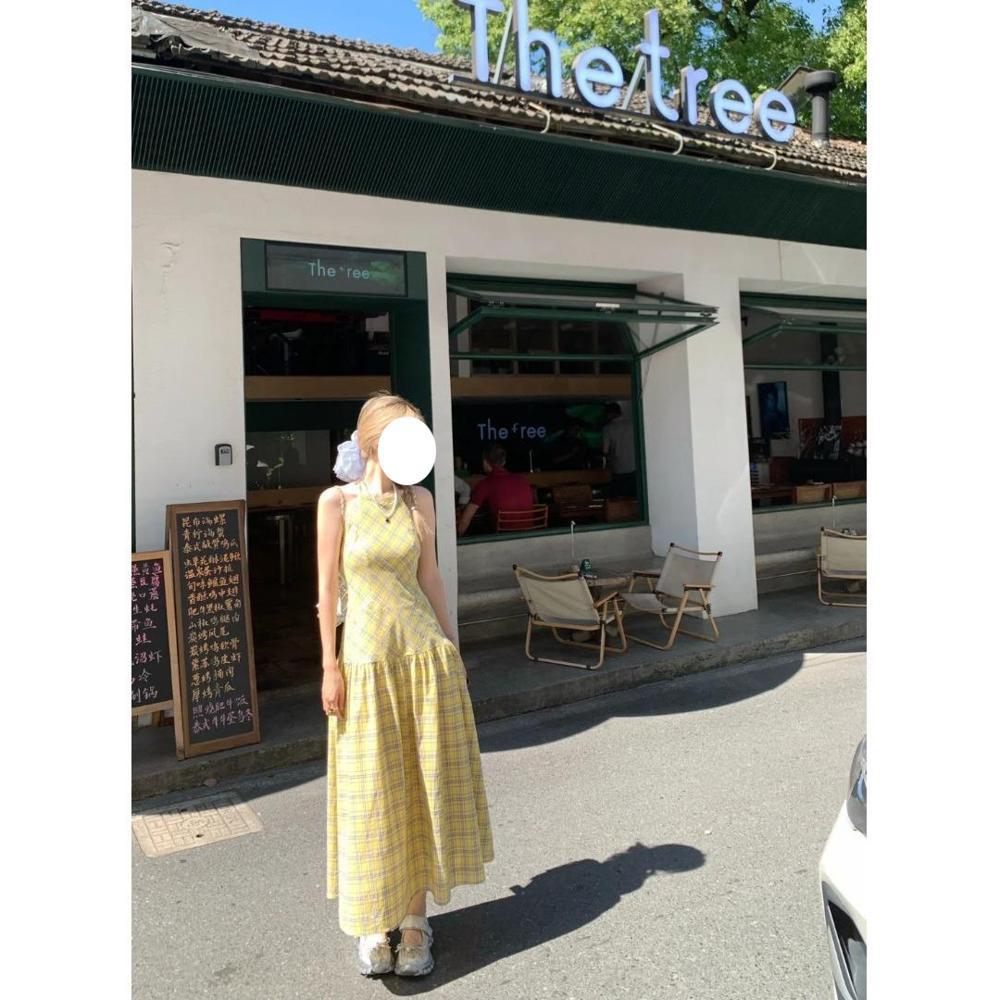 Yellow plaid neck sling dress summer women's seaside vacation wind waist thin backless dress to bare feet
