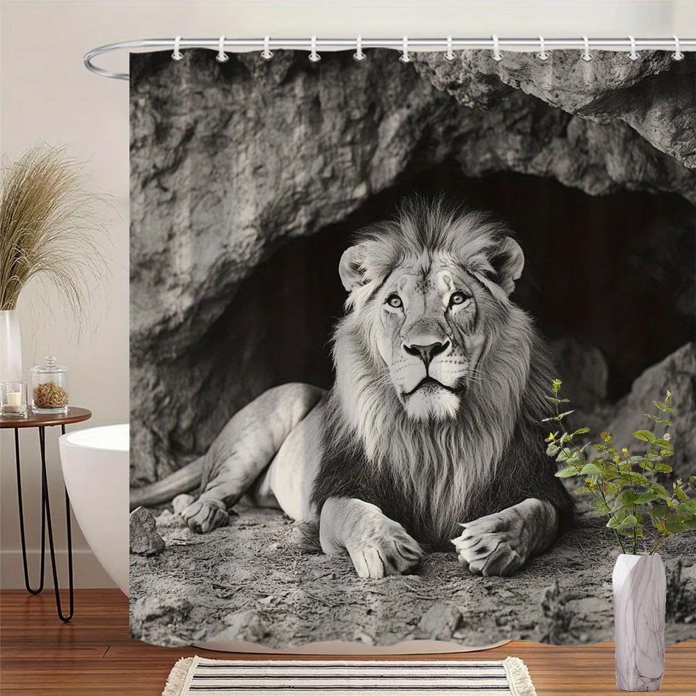 

Majestic Lion In Cave Shower Curtain - Black & White Wildlife Design, Detailed Fur Texture, 12 Hooks, Machine Washable Polyester W60H190(CM)-1 Pcs