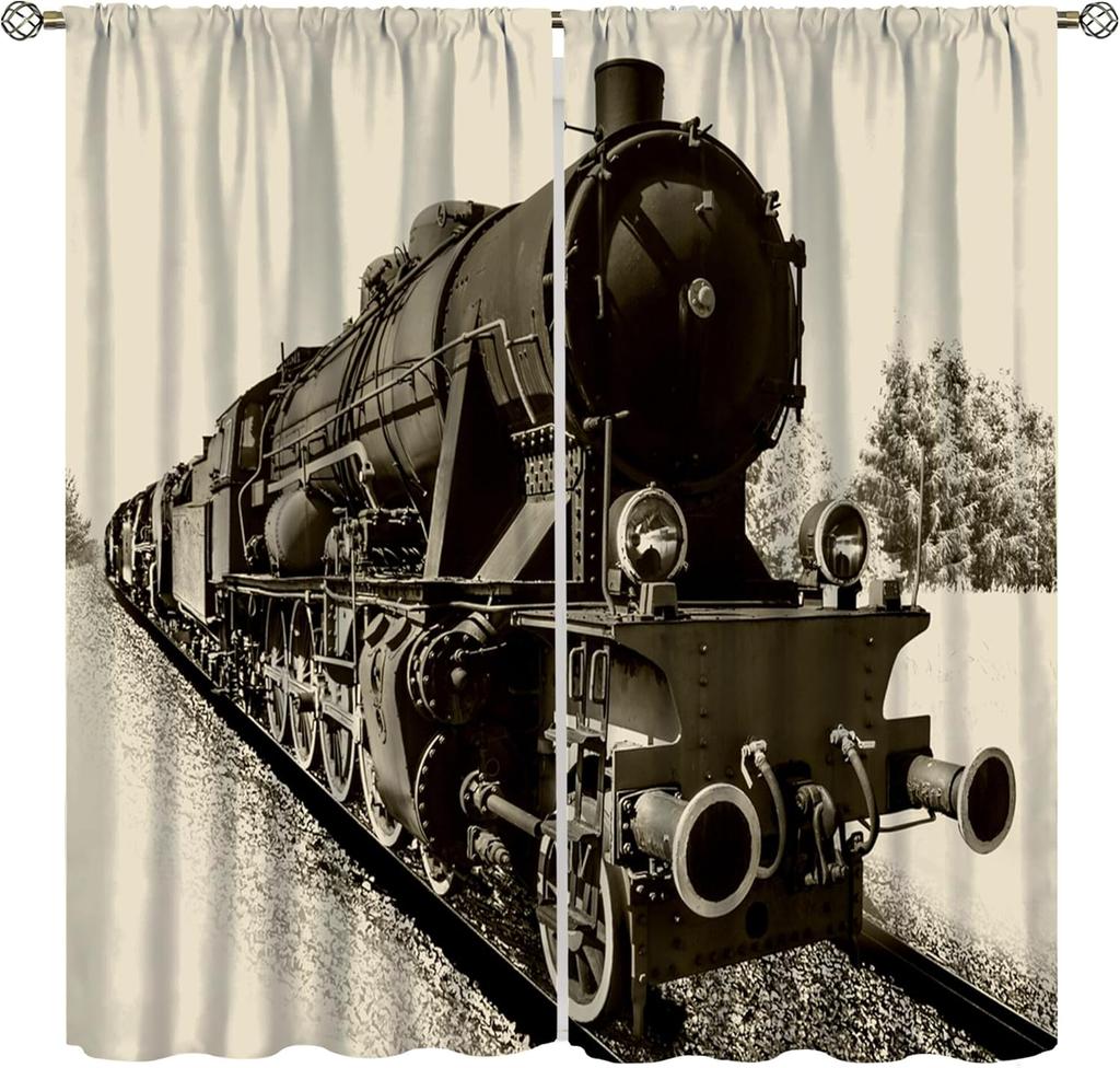 Light Blocking Steam Engine Curtains Old Train Through Country Field Scenery Print Window Treatments Curtain Vintage Polyester With Rod Pocket