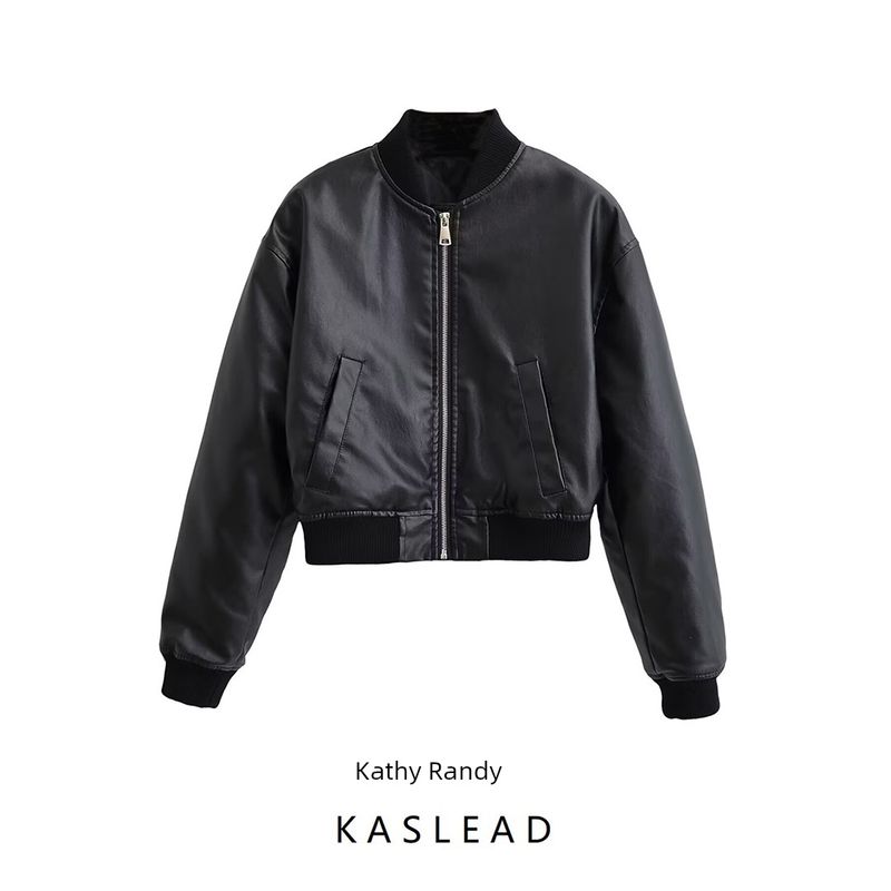 Kaslead New Arrival Women's Clothing Fashion Style Fashion Wash Imitation Leather Flight Jacket Cotton Jacket 6318223