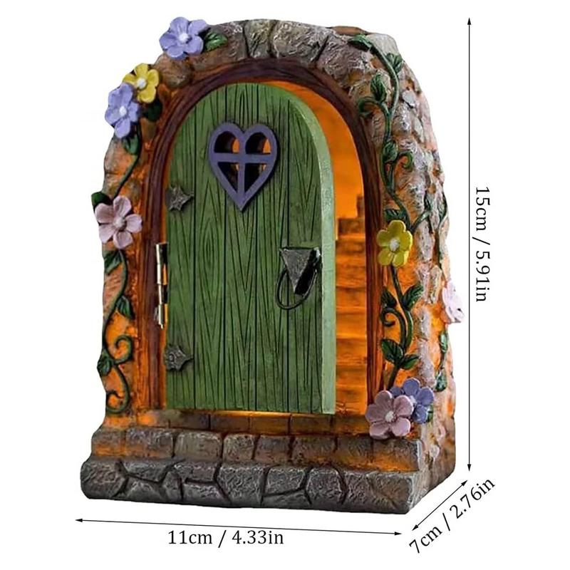 Solar Feentür Garten Miniaturen mit Stufen Öffnende Tür Beleuchtetes Haus Zubehör für Wand, Baum, Zuhause Außenbereich