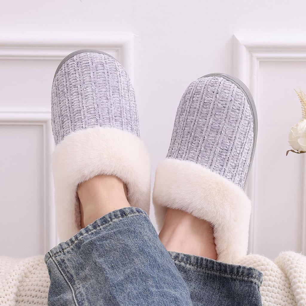 Fashion Smile Warm Knit House Slippers for Women Soft Comfy Wool-Like Lined Chenille Slippers with Memory Foam Indoor Winter Fuzzy Shoes