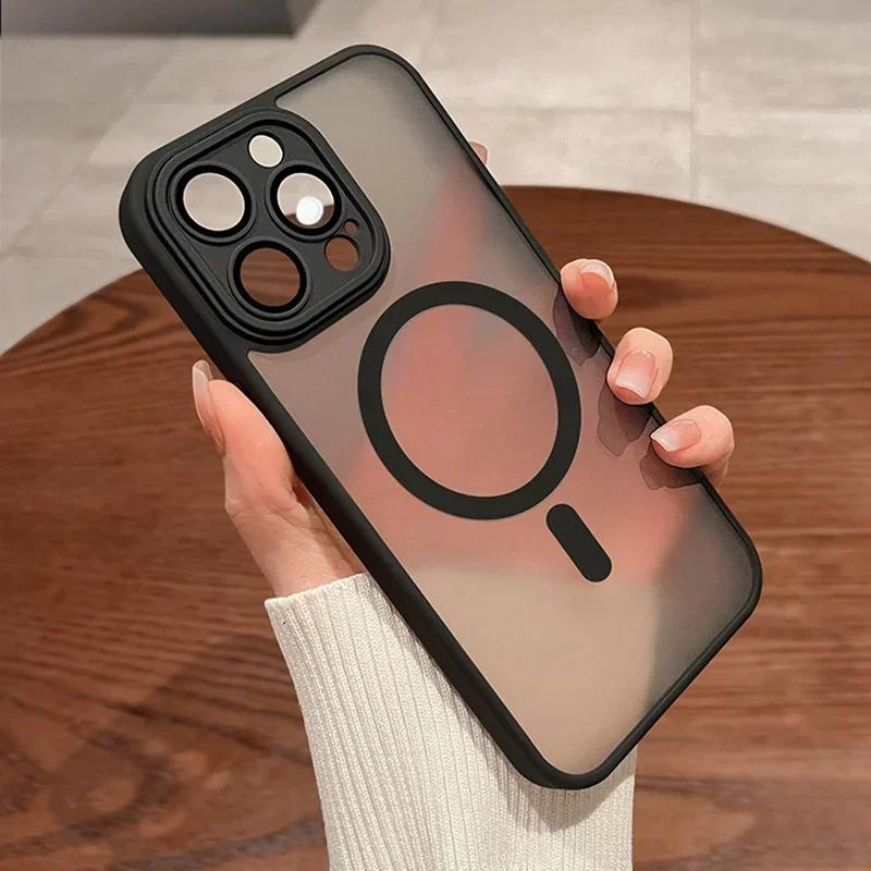 Carcasă magnetică de lux, mată, translucidă, rezistentă la șocuri, pentru iPhone 16, 15, 14, 13, 12, 11 Pro Max, pentru încărcare wireless Magsafe