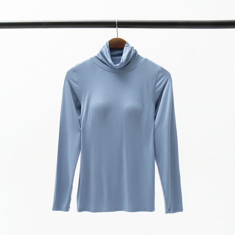 Women's Modal Padded High Neck Long Sleeve T-Shirt with Integrated No Underwire Bra Cup Pajama Base Layer