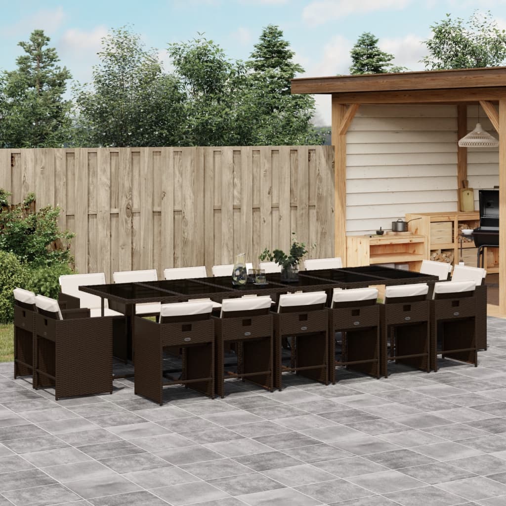 17 Piece Outdoor Dining Set with Cushions Brown Poly Rattan