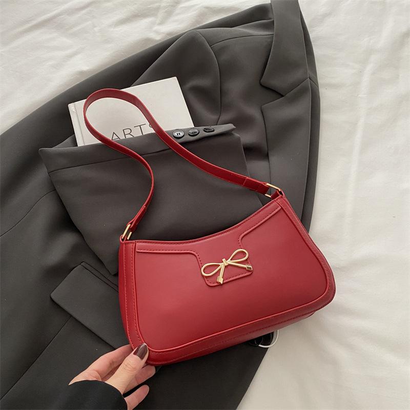 Spring Solid Color Bow Fashion Casual Commuter Bag Women's 2025 New Retro Shoulder Underarm Small Square Bag Versatile