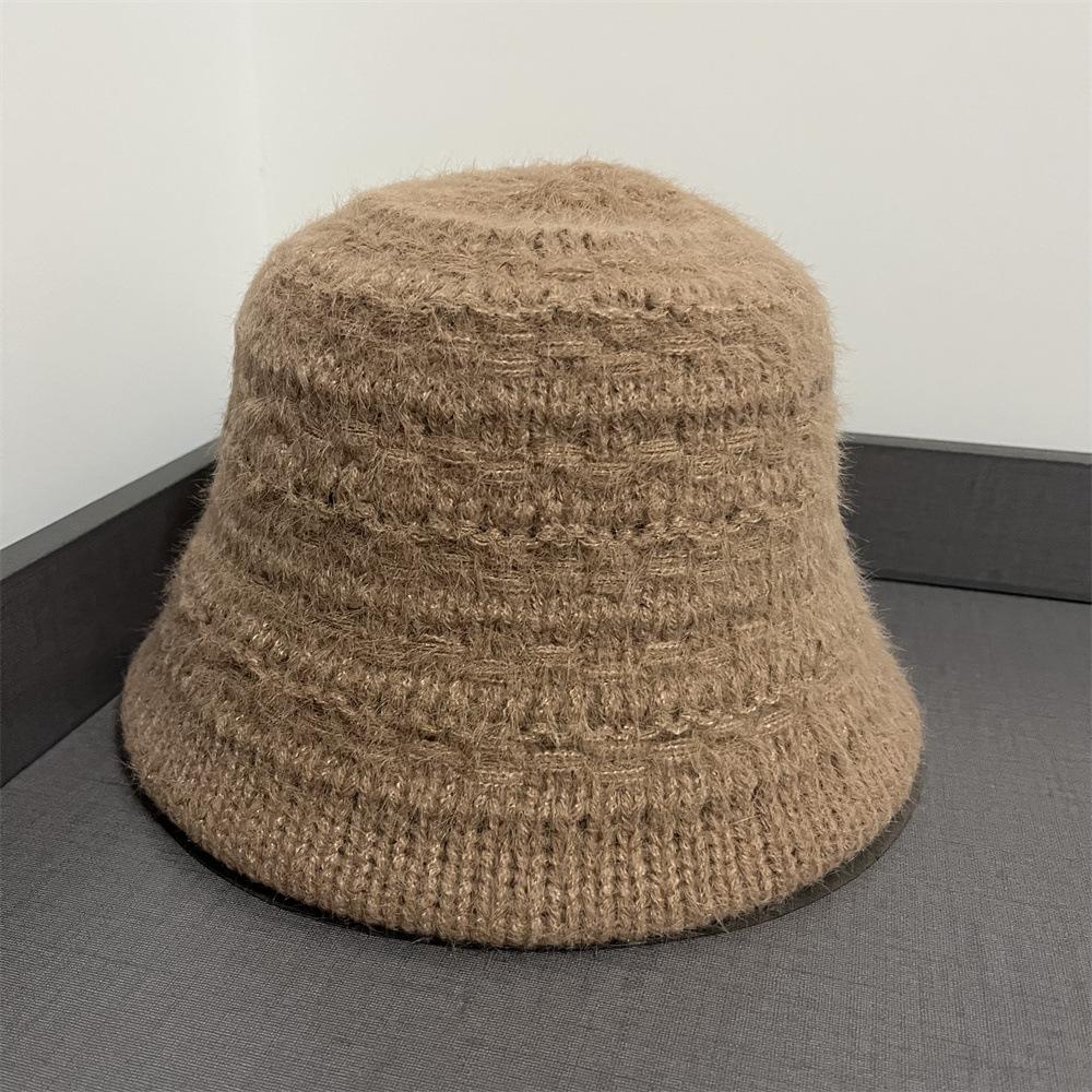 Knitted bucket hat women's autumn and winter new big head circumference women's wool hat versatile casual solid color bucket hat