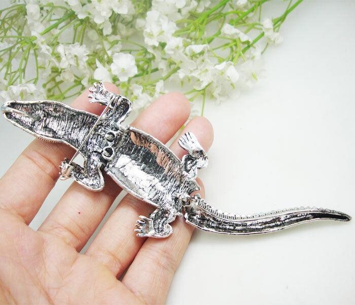 Silver Tone Vintage Crocodile Animal Woman Pendant Brooch Pin Green Rhinestone Gift Women Crystal Alligator Metal Broach Jewelry