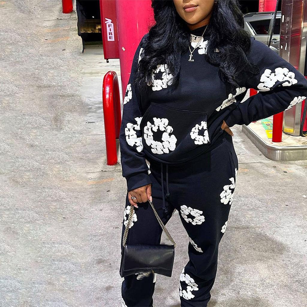 Women Men 2 Piece Tracksuits Floral Print Hoodie Sweatshirt and Elastic Pants for Activewear Workout Outfits Set
