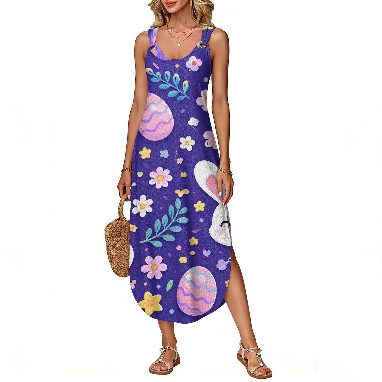 

Women s Summer Long Dress, Sleeveless With Side Slit, Long Easter Printed Vest Dress M