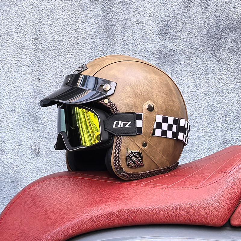 Retro Motorcycle Helmet PU Leather Open 3/4 Chopper Bicycle Helmet CapacetDOT Certification