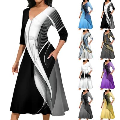 Γυναικείο Casual Fashion V λαιμόκοψη Μίντι φόρεμα με στάμπα τριών τετάρτων