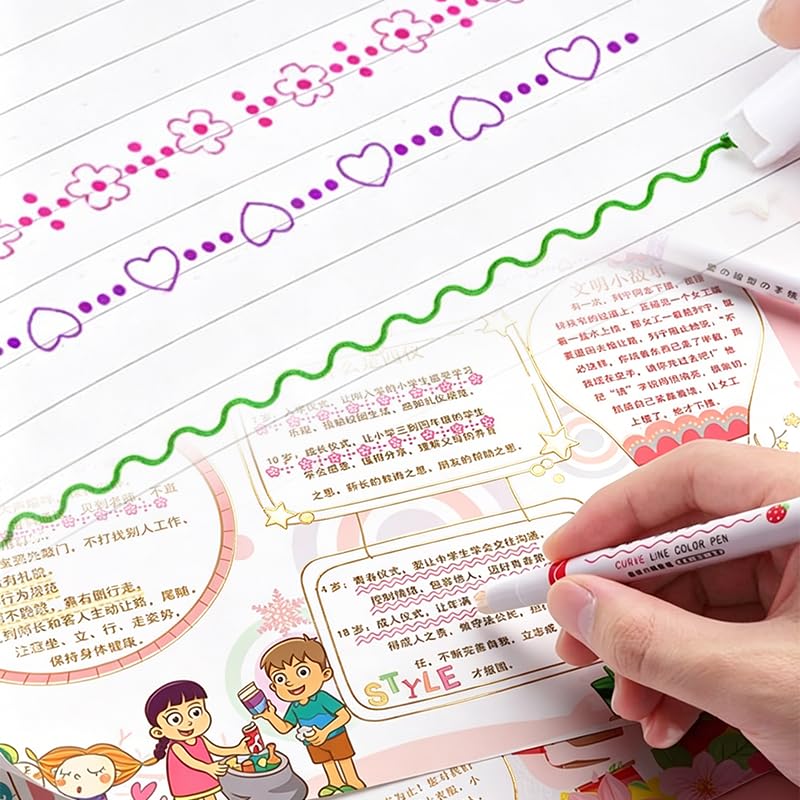 Wowjimi Curved 6 6 Floral Wavy Highlighter Roller Dual Color Heart Office Writing Instruments Pens, Types, Colors, Water-Based Pens, Pattern, Line,