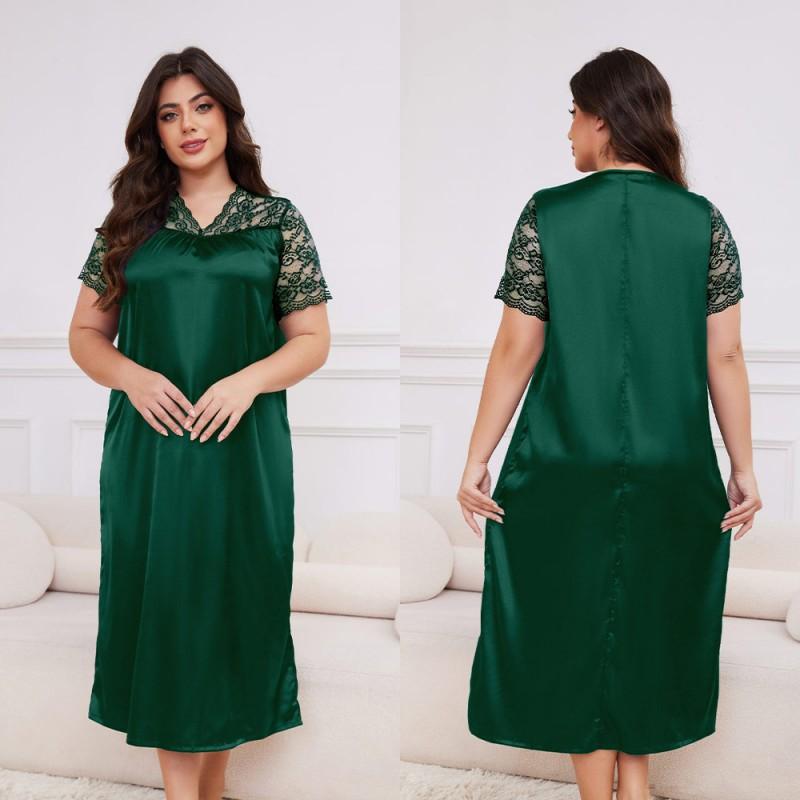 Plus Size Womens Lightweight Satin Sleep Dress With V-Neck Short Sleeve Loose Nightgown Home Wear